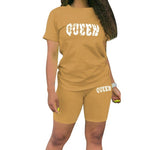 Letter QUEEN Casual Two Piece Set Women Summer Fitness Shots Sets