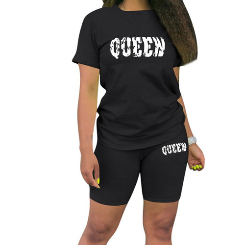 Letter QUEEN Casual Two Piece Set Women Summer Fitness Shots Sets