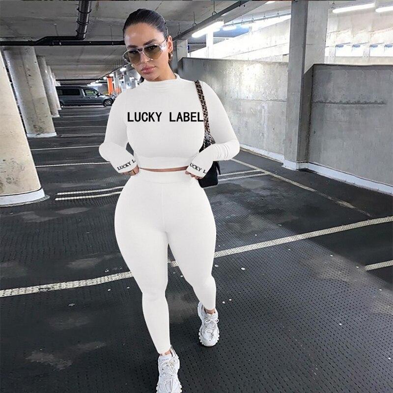 Letter O-neck Full Sleeve 2 Piece Set for Women Skinny Sweatsuit