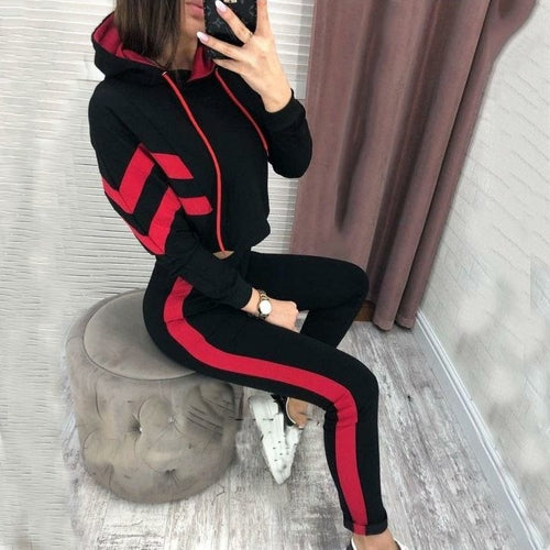 Hit Color Long Sleeve Crop Top and Pants Two-piece Set Sprots Suit